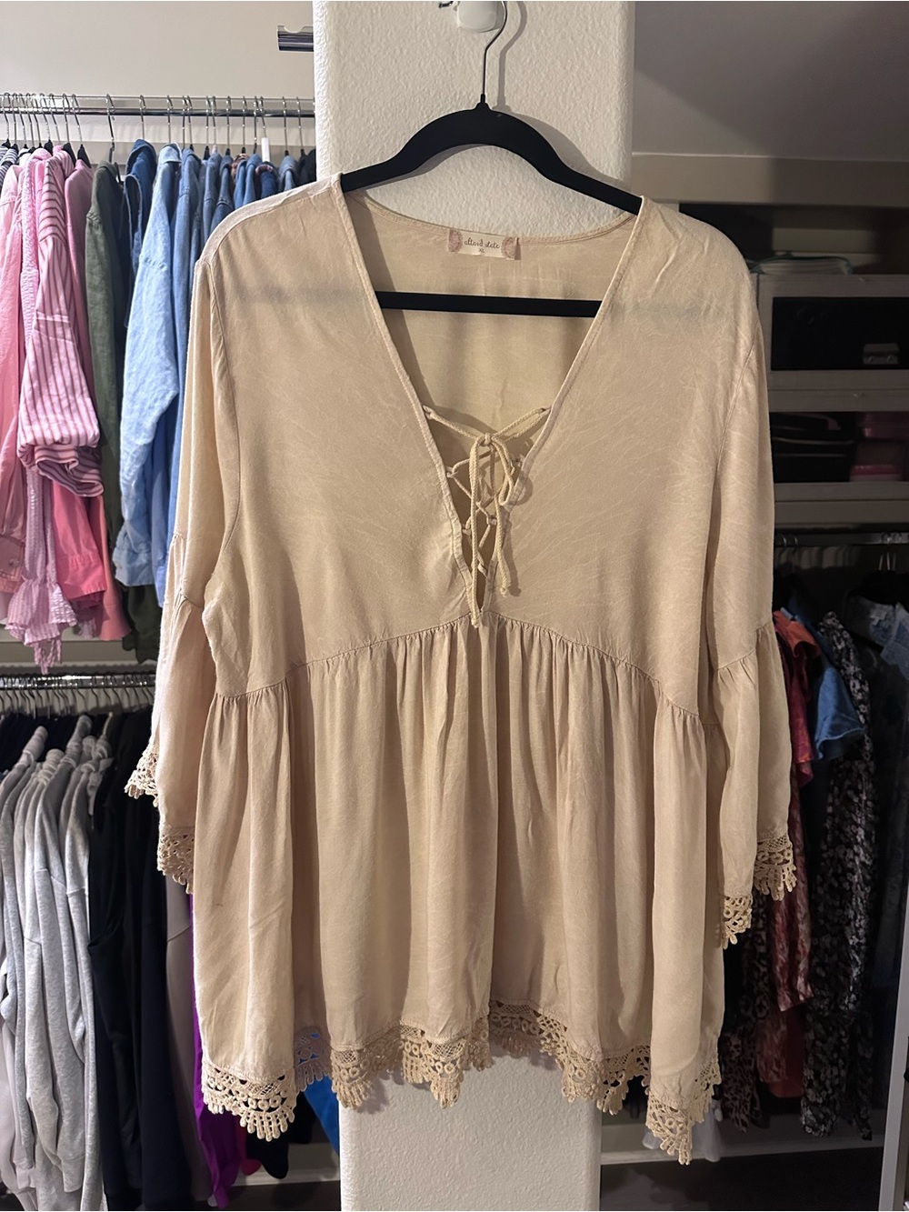 Altar’d State Beige Lace-Trim Peasant Top - V-Neck Tie Front